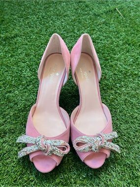Kate Spade Pink Suede Open-Side Bow Peep-Toe Heels